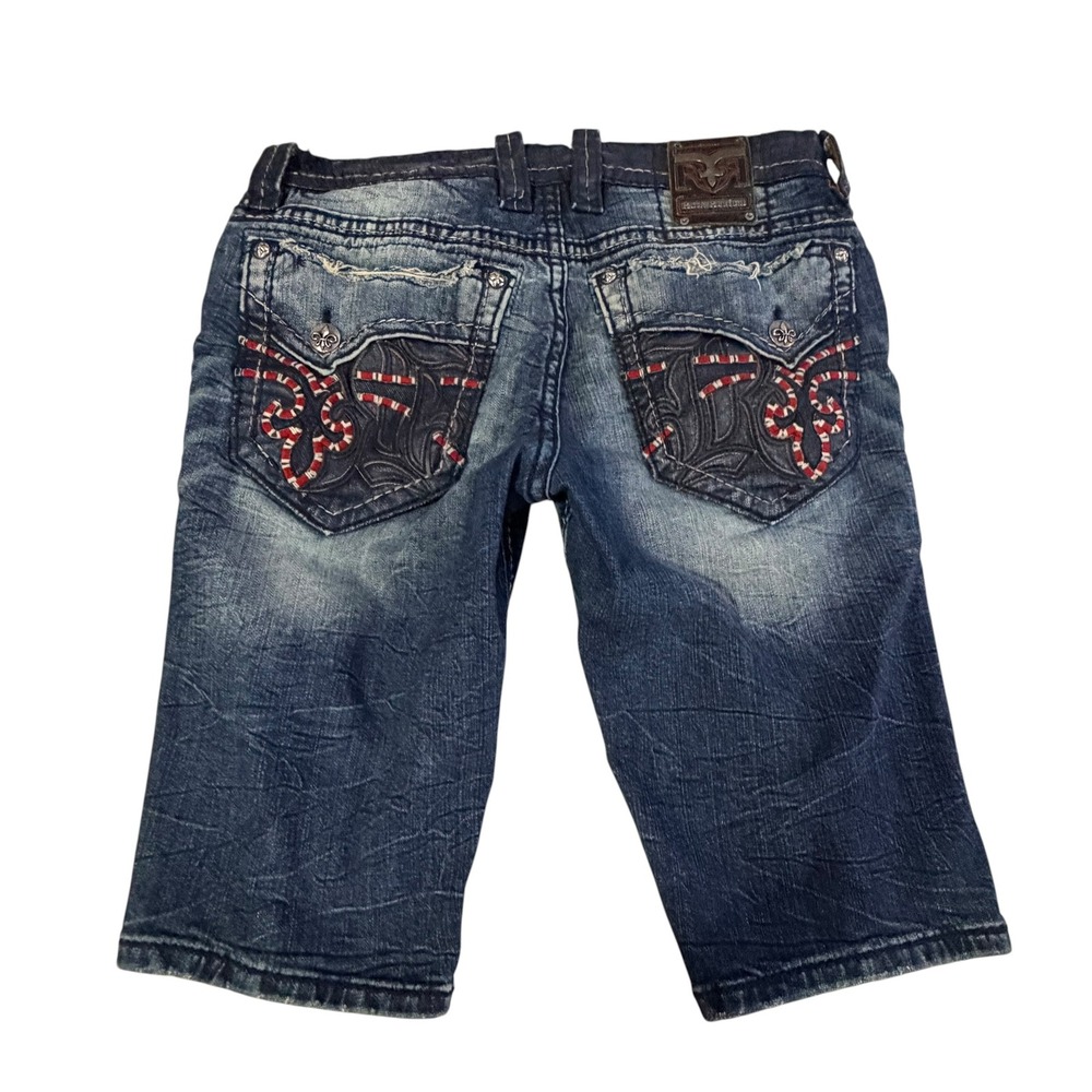 Rock Revival Kofi H206 Mens Distressed Denim Shorts Blue Embroidered Size 34